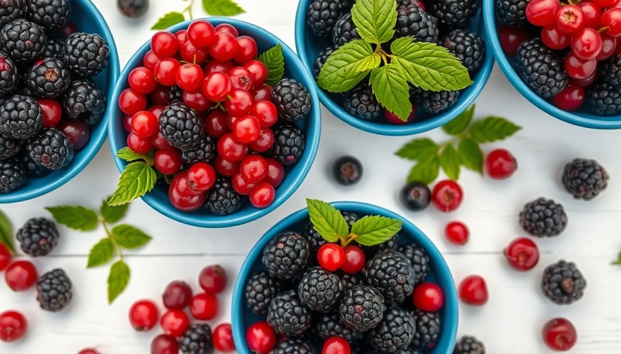 Culinary uses of wild berries - blackberries and red currants in bowls.