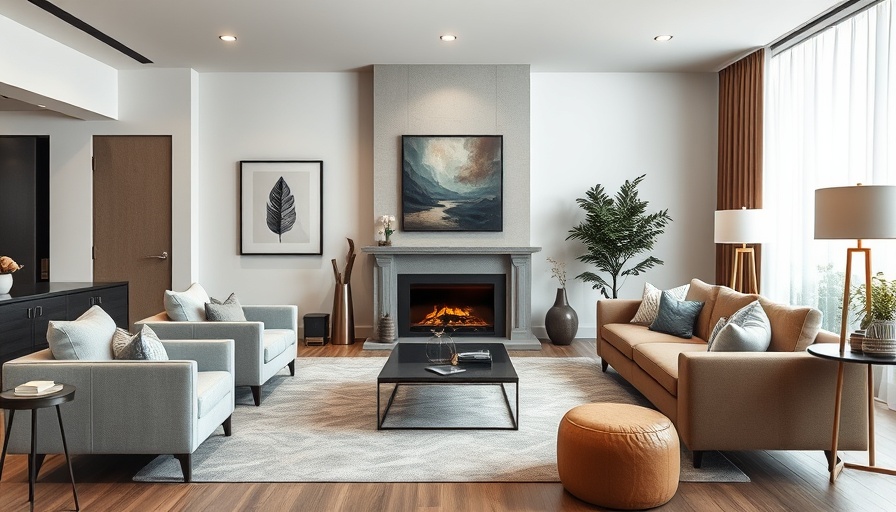 Modern living room with contemporary design and fireplace.