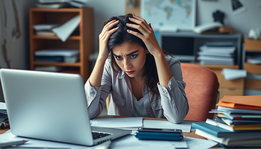 Stressed woman overwhelmed by work at cluttered desk, highlighting anxiety procrastination.