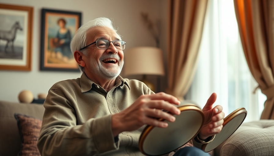 Elderly man playing tambourine in cozy room, showing joy.