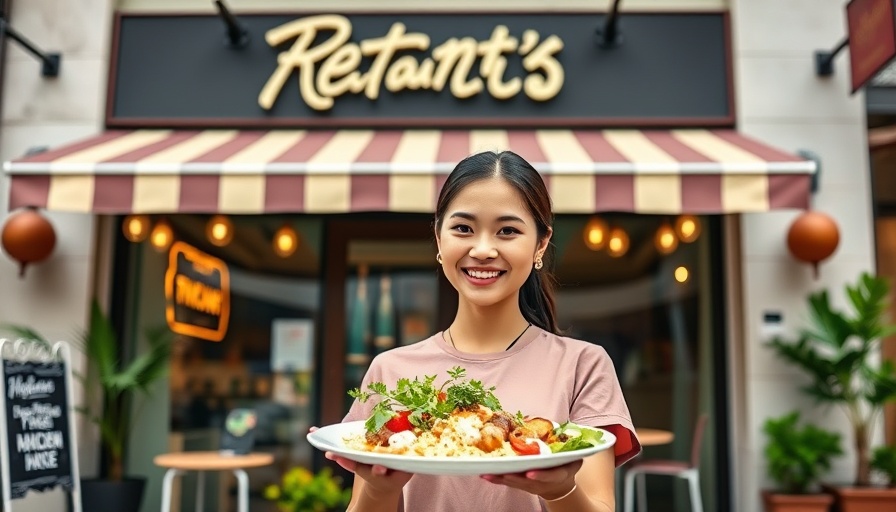 View of new restaurant in Aiea Hawaii with woman and dish