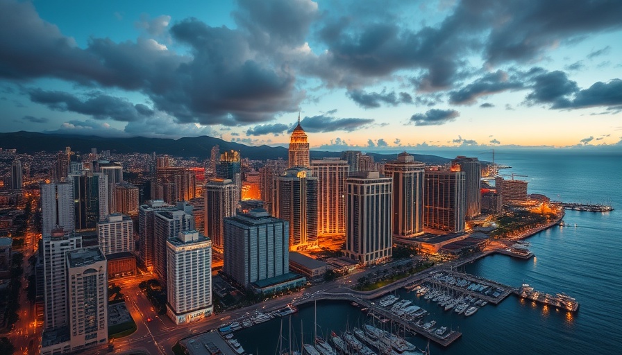 Aerial view of Honolulu cityscape and ocean during dusk.