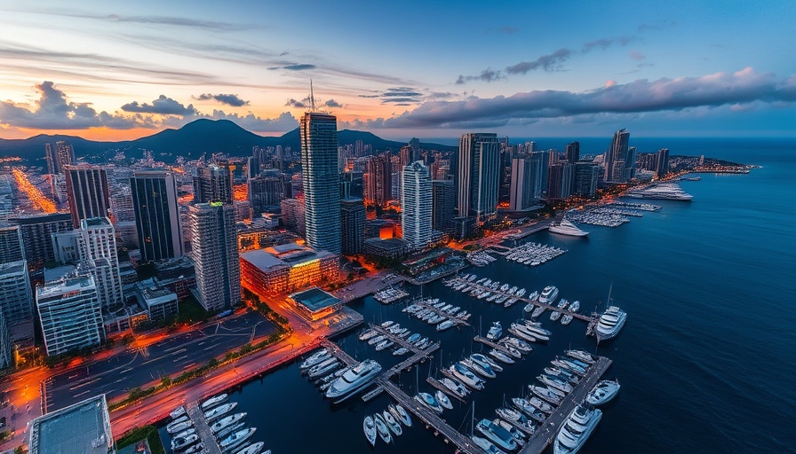 Aerial dusk view of Honolulu skyline and marina.