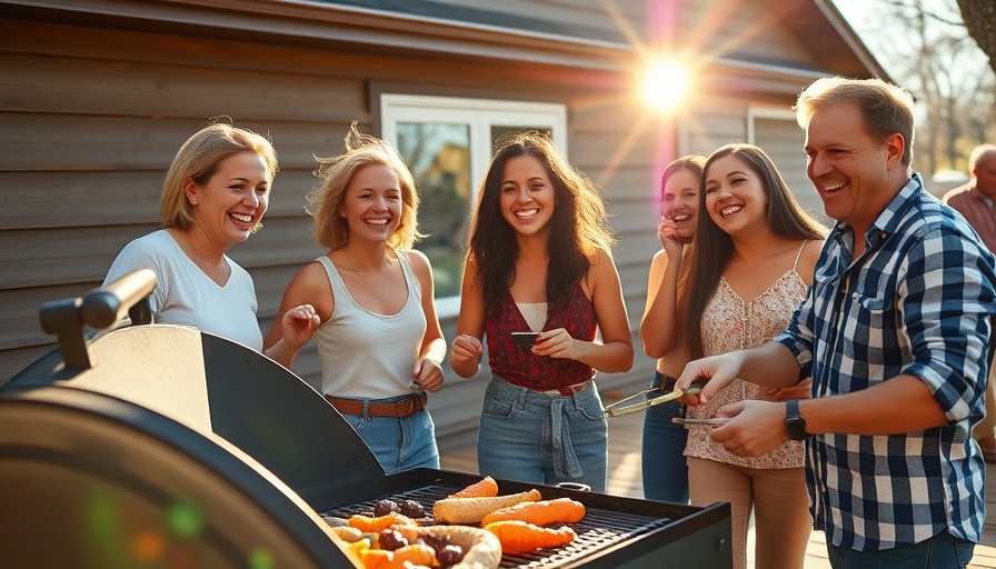 Group having a sunny backyard BBQ, enjoying and grilling.