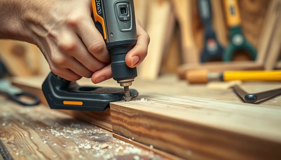 Hands using a drill on wood plank in workshop setting.