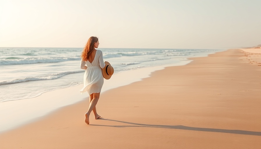 Woman walking on beach barefoot, showing health benefits of walking.