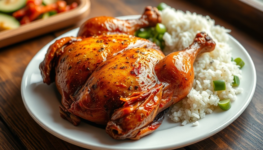Dry rub Huli Huli chicken with rice and salad on wooden table.