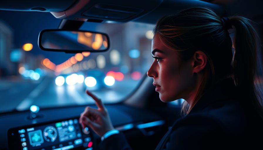 Woman using smart car system with futuristic interface display.