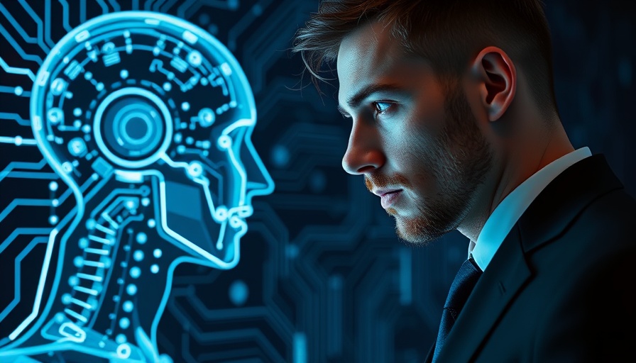 AI and Emotional Intelligence in Leadership: Man faces digital AI head.