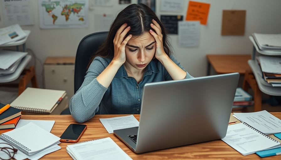 Anxious woman procrastinating at a cluttered desk with a laptop.