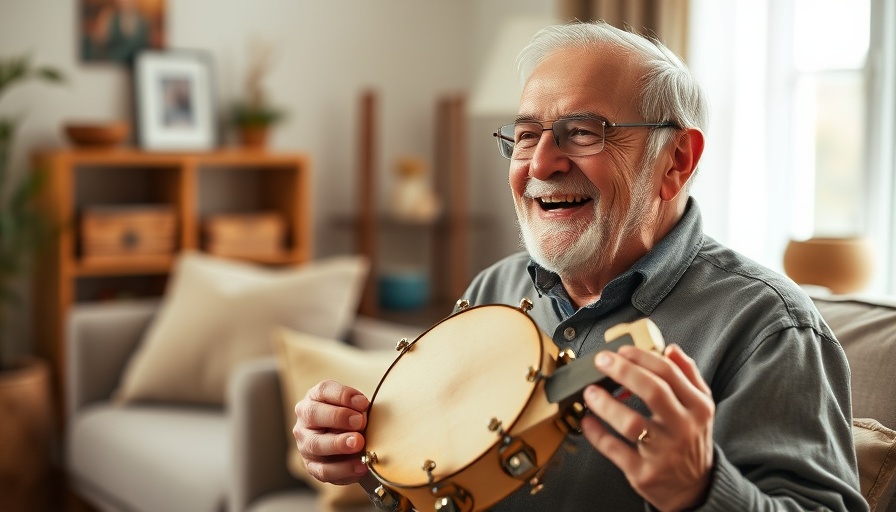 Music is essential to holistic care, older man with tambourine smiling warmly.