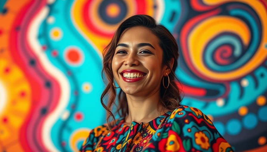 Vibrant woman in colorful dress, depicting fashion and mental wellness.