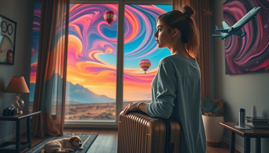 Grief of the In-Between: Woman with suitcase in vibrant dream landscape.
