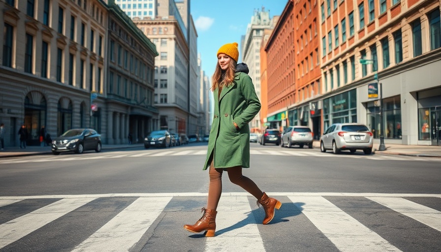 Stylish woman crossing urban street without sidewalks.