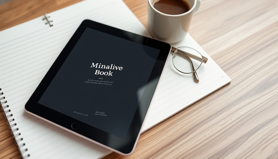 Digital book cover on tablet with eyeglasses and coffee cup.