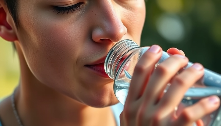 Close-up of a person drinking from a water bottle outdoors, highlighting carcinogens in drinking water.