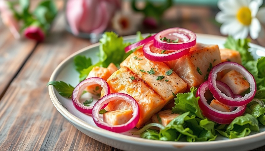 Colorful salmon tofu salad with pickled onions on rustic table.