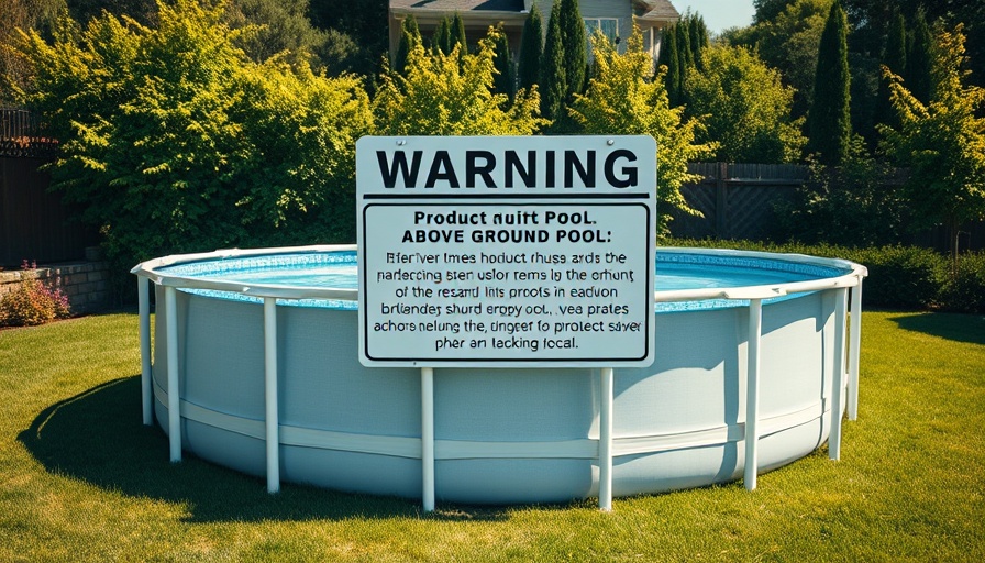 Above-ground pool with recall notice indicating drowning hazard.
