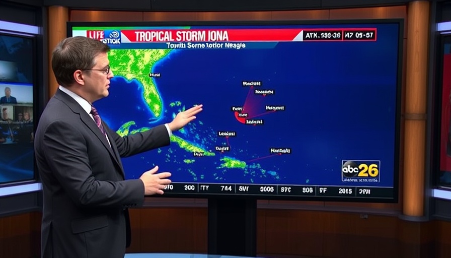 Meteorologist analyzing Tropical Storm Iona on live weather broadcast.