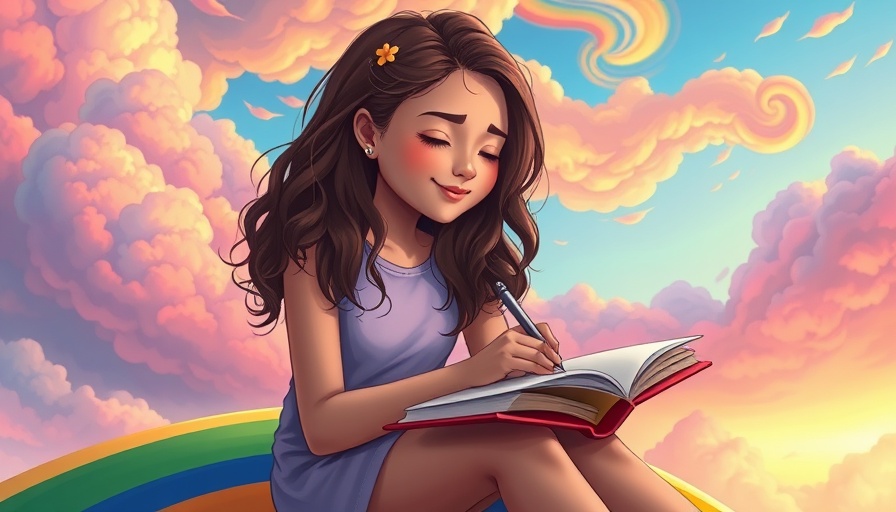 Colorful scene of a girl journaling on a rainbow, surrounded by clouds.