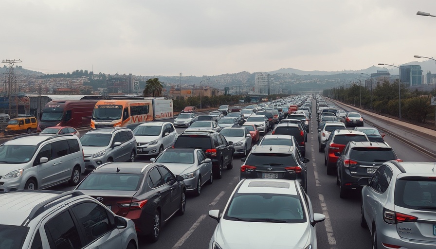 Traffic Jam on Moanalua Road during tsunami warning, overcast weather.