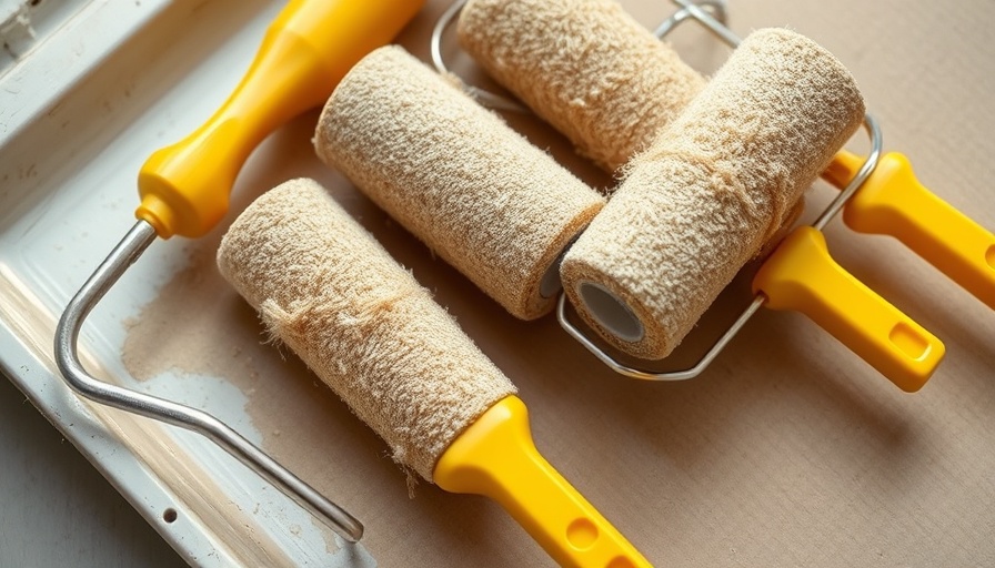 Painter’s tape roller hack with paint rollers on tray.
