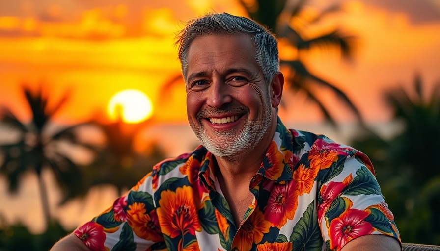 Smiling man in floral shirt with tropical sunset backdrop.