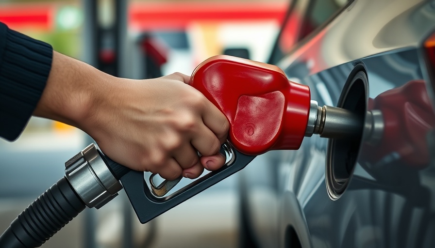 Close-up of red gas nozzle inserted into car's tank at fuel station.