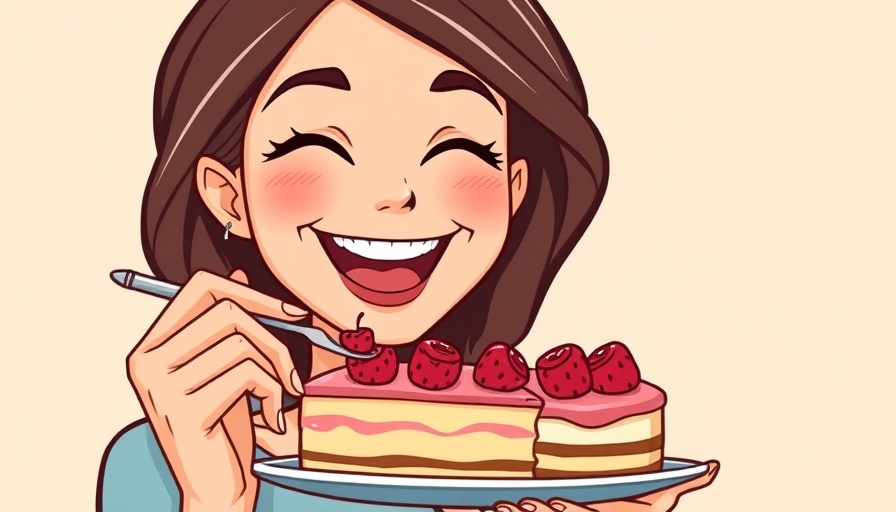 Joyful woman enjoying a slice of cake, feeling good in her skin.