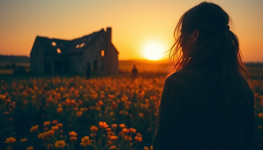 Breaking Free from Narcissistic Family Systems concept art: woman in flower field observing decaying house