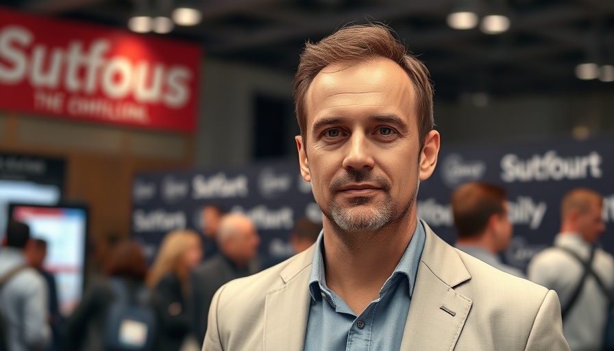 Man standing at event with neutral expression.