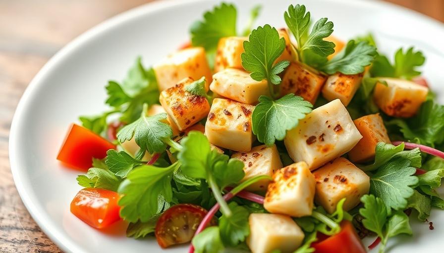 Vibrant Tofu Watercress Salad with tomatoes and onions.