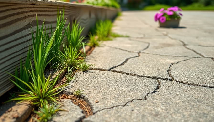 Cracked concrete driveway with purple flowers and wooden border shows need for home improvement driveway crack repair.