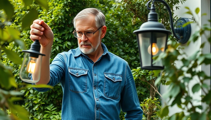 Man doing summer DIY project adjusting outdoor lamp.