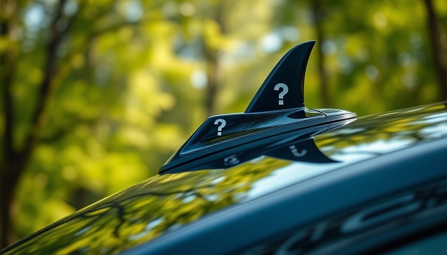 Close-up of a car roof with a shark fin antenna and question marks, obscure car facts.