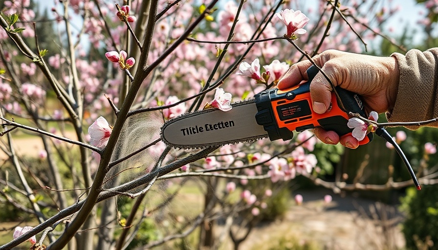 Electric pruning saw trimming tree branches, demonstrating how to prune a tree.