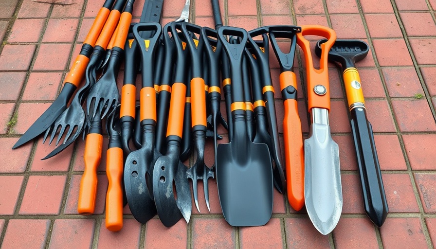 Essential gardening tools on brick path: spades, rakes, pruners.
