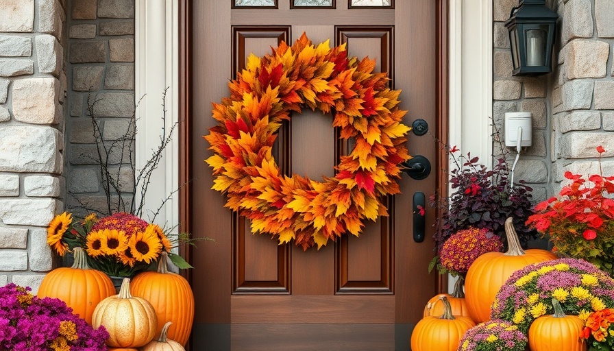 Inviting autumn-themed entryway with fall decorations and wreath, fall home preparation.