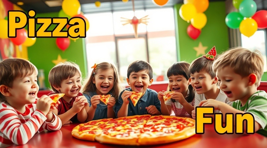 Joyful children sharing pizza at a festive Chuck E. Cheese table with colorful decorations.