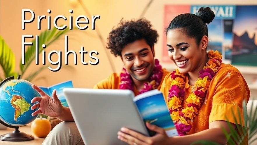 Local Polynesian couple exploring pricier flights with vacation brochures and tropical decor.