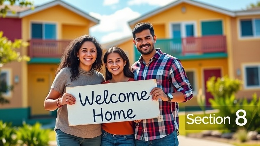 Hopeful Latin family with 'Welcome Home' sign in front of colorful Section 8 housing.