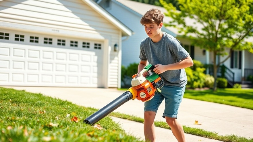 Young teen with a leaf blower ensuring a tidy driveway in Shelby MI, showcasing expert landscaping services.