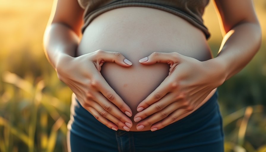 Pregnant woman with hands forming a heart on belly, sunny setting.