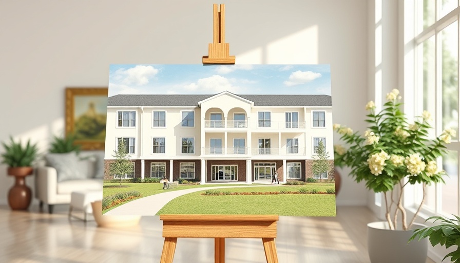 Architectural rendering of new senior living community in Menands on display indoors.
