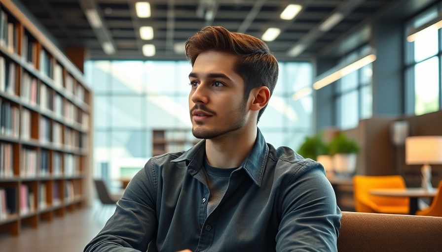 Man in a library setting engaged in conversation.