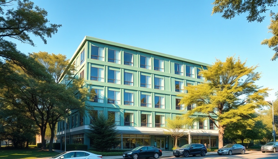 Modern affordable senior housing building in a sunny suburban area.