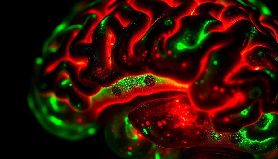 Microscopic brain tissue with nanoparticles, vivid red and green fluorescence.