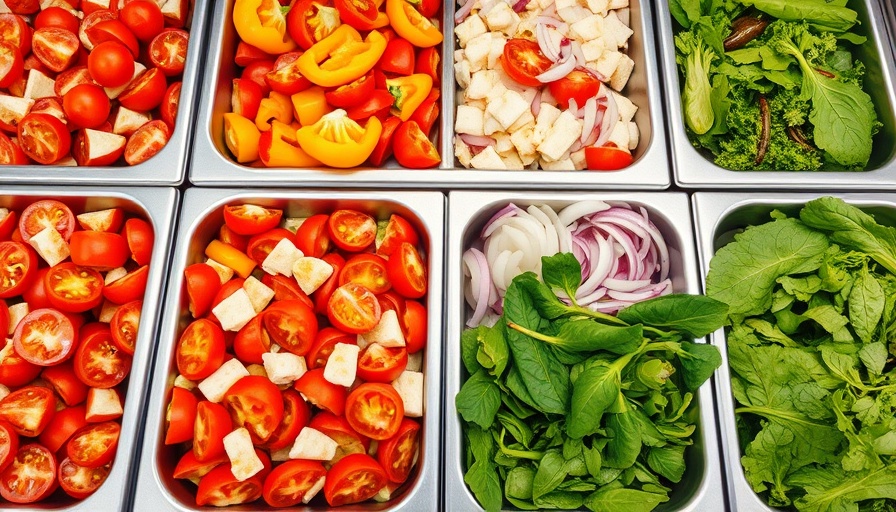 Top view of colorful vegetables in a buffet salad bar.
