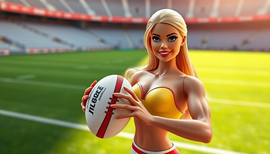 First muscular Barbie inspired by Ilona Maher with rugby ball on field.
