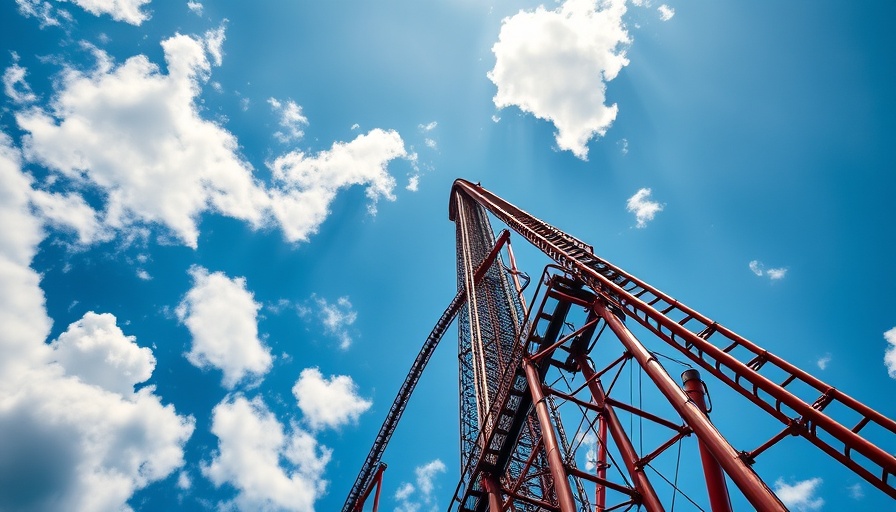 Roller coaster track resembling Rigetti Computing stock fluctuations, vibrant sky.